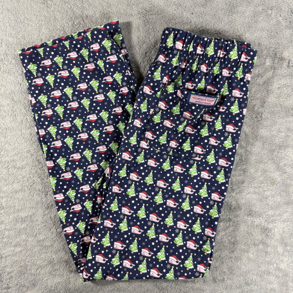 Vineyard Vines Pajama Pants Kids M 12/14 Navy Excellent Christmas Whale Tree